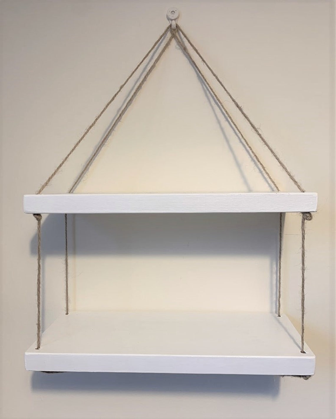 Two Tier Handmade White Hanging Twine Shelf Wooden Shelves Etsy