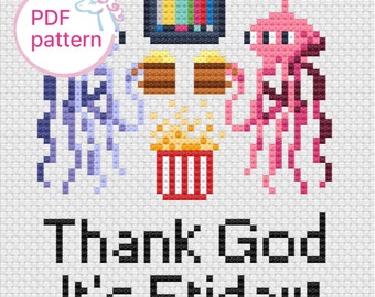 Funny Cross stitch digital pattern PDF Instant download - Thank god it's friday - alien,beer,retro,tv,popcorn,movie,charactor