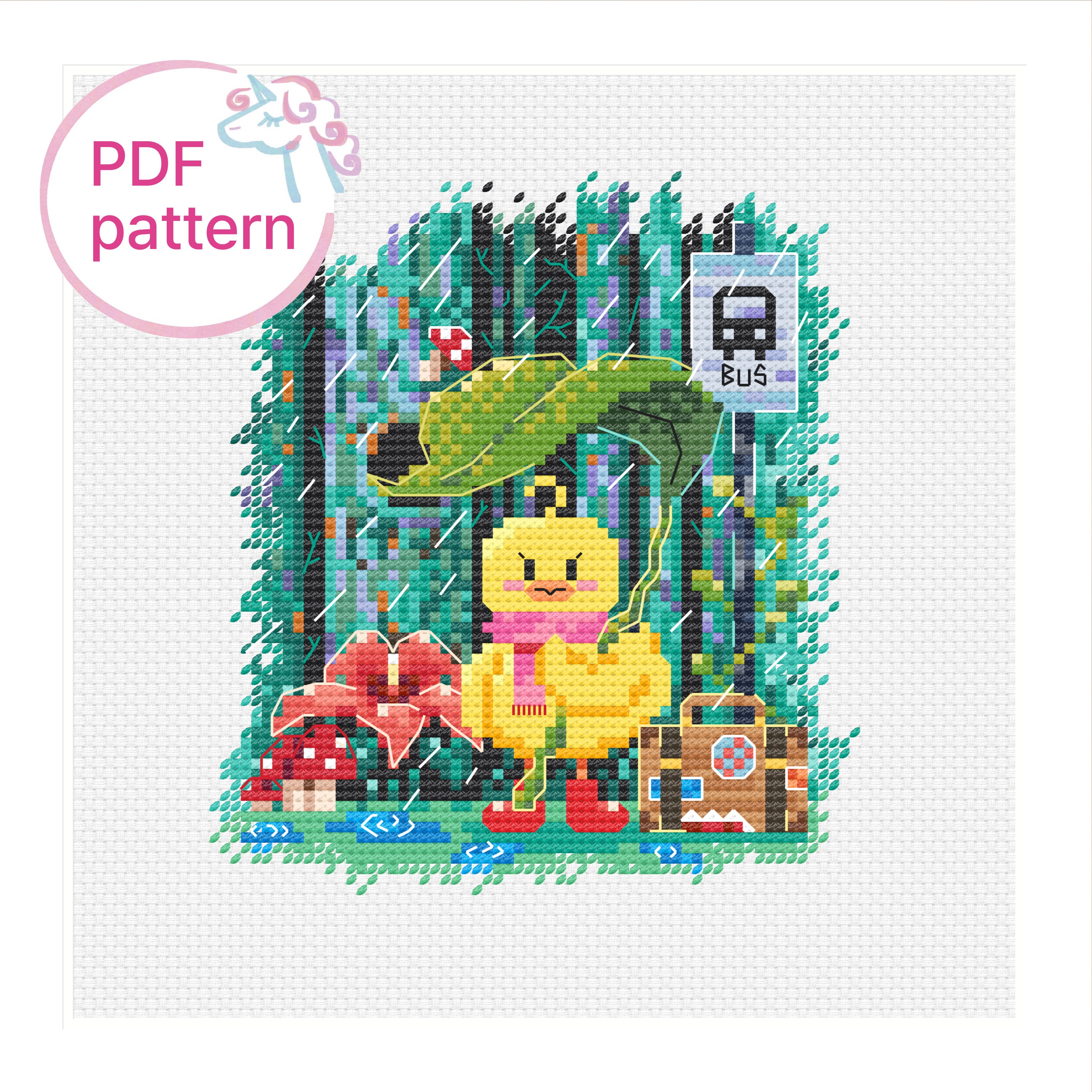 Duck Cross Stitch Digital Pattern PDF Instant Download Rainy Forest Bus Stop Duckling,forest