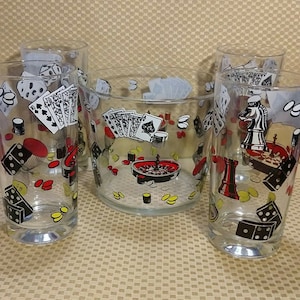CONTINENTAL CAN CO Hazel Atlas Gambling 4 Glasses Ice Bucket Bingo Dice Cards Mid Century Modern