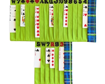 Ensemble de tapis organiseur de cartes de samba - Carreaux bleus et verts, tissu en coton, poches étiquetées avec une grande police de caractères