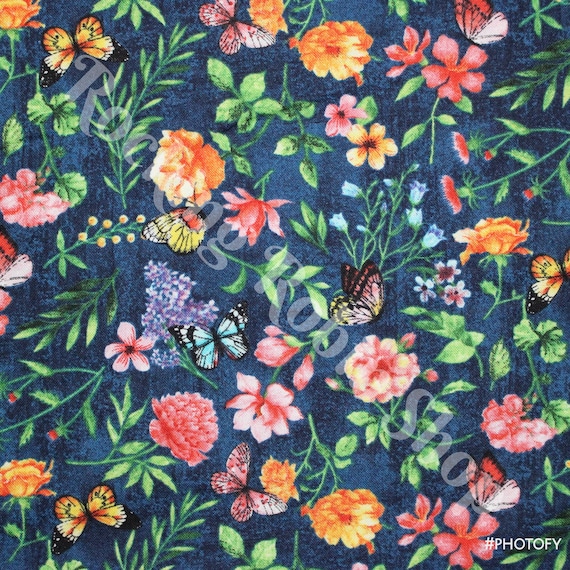 100% Cotton FAST shipping Packed Floral with Butterflies on Navy Background Fabric sold by the YARD