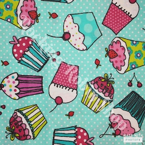 Cupcakes on Dots Novelty Fabric | 100% Cotton | sold by the yard | Fast Shipping
