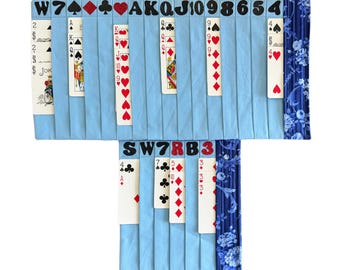Ensemble de tapis organiseur de cartes de samba - roses et parchemins bleus, tissu en coton, poches étiquetées avec une grande police de caractères