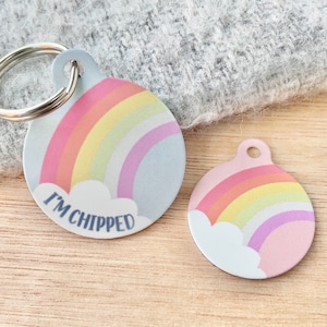 Rainbow Pet ID Tag | Pastel Rainbow Dog ID Tag | Personalised Tag for Dogs | Girly Pet Name Tags | Pink Rainbow Cat ID Tag