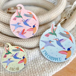 Médaille d'identification pour animal de compagnie Colibri | Médaillon avec nom d'oiseau pour chiens | Etiquettes d'identification d'oiseau colorées personnalisées | Accessoire pour animal de compagnie colibri