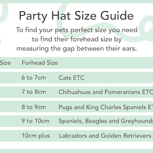 May include: A light green Party Hat Size Guide with text. The guide helps determine the correct hat size for pets by measuring the forehead. Sizes range from XXS (6-7cm) to L (10cm+), with examples of breeds.