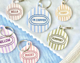 Pastelkleurig gestreept huisdier-ID-tag | Leuk pastelkleurige hondennaamplaatje | Op maat gemaakte gestreepte identificatiebedel voor katten