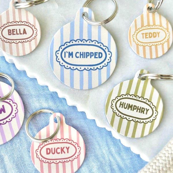 Pastel Striped Pet ID Tag | Cute Pastel Dog Name Tag | Custom Striped Cat Identification Charm