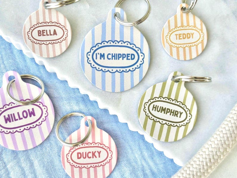 Medaglietta identificativa per animali domestici a righe pastello / Medaglietta con nome per cani pastello / Ciondolo identificativo per gatti a righe personalizzato immagine 1