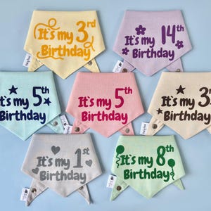 Op de afbeelding: Een verzameling pastelkleurige hondenbandana's met de tekst "It's my [number] Birthday". Elke bandana heeft een andere kleur en bevat de zin in verschillende lettertypen en kleuren. De cijfers vari&euml;ren van 1 tot en met 14.