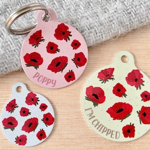 Médaille d'identification pour animal de compagnie au coquelicot | Médaillon fleur de pavot pour chiens | Médaillon pour chien coquelicot | Porte-nom pour petites filles | Identification florale d'animal de compagnie du souvenir | Carte d'identité de chat fleur de pavot