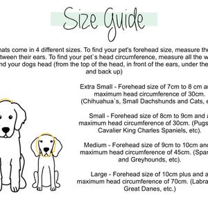 May include: A size guide for dog hats with illustrations of two dogs, one large and one small. The guide provides measurements for forehead size and head circumference in centimeters for four sizes: Extra Small, Small, Medium, and Large. The guide also lists common dog breeds that fit each size.