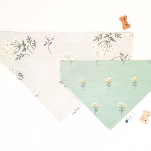 May include: Two dog bandanas, one with a white floral pattern on a beige background and the other with a green background and a white floral pattern.