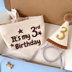 May include: A beige dog bandana and party hat set for a third birthday. The bandana reads "It's my 3rd Birthday" in dark brown text. The party hat is white with a gold glitter "3" and a brown pom-pom.
