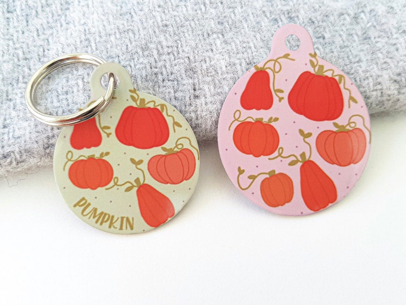 May include: Two round metal pet ID tags with a pumpkin theme. One tag is light green with the word "PUMPKIN" and orange pumpkins. The other tag is light pink with orange pumpkins.