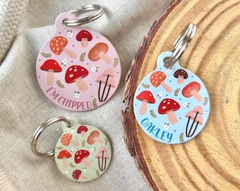 Placa de identificación para mascotas con diseño de setas / Placa de identificación para perros con diseño de hongos otoñales / Placa de identificación personalizada de otoño para gatos