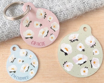 California Poppy Pet ID Tag | White Poppy Tag for Dogs | Whie California Poppy Dog Tag |  Floral Name Tags for Cats |  Pretty Flower Pet ID