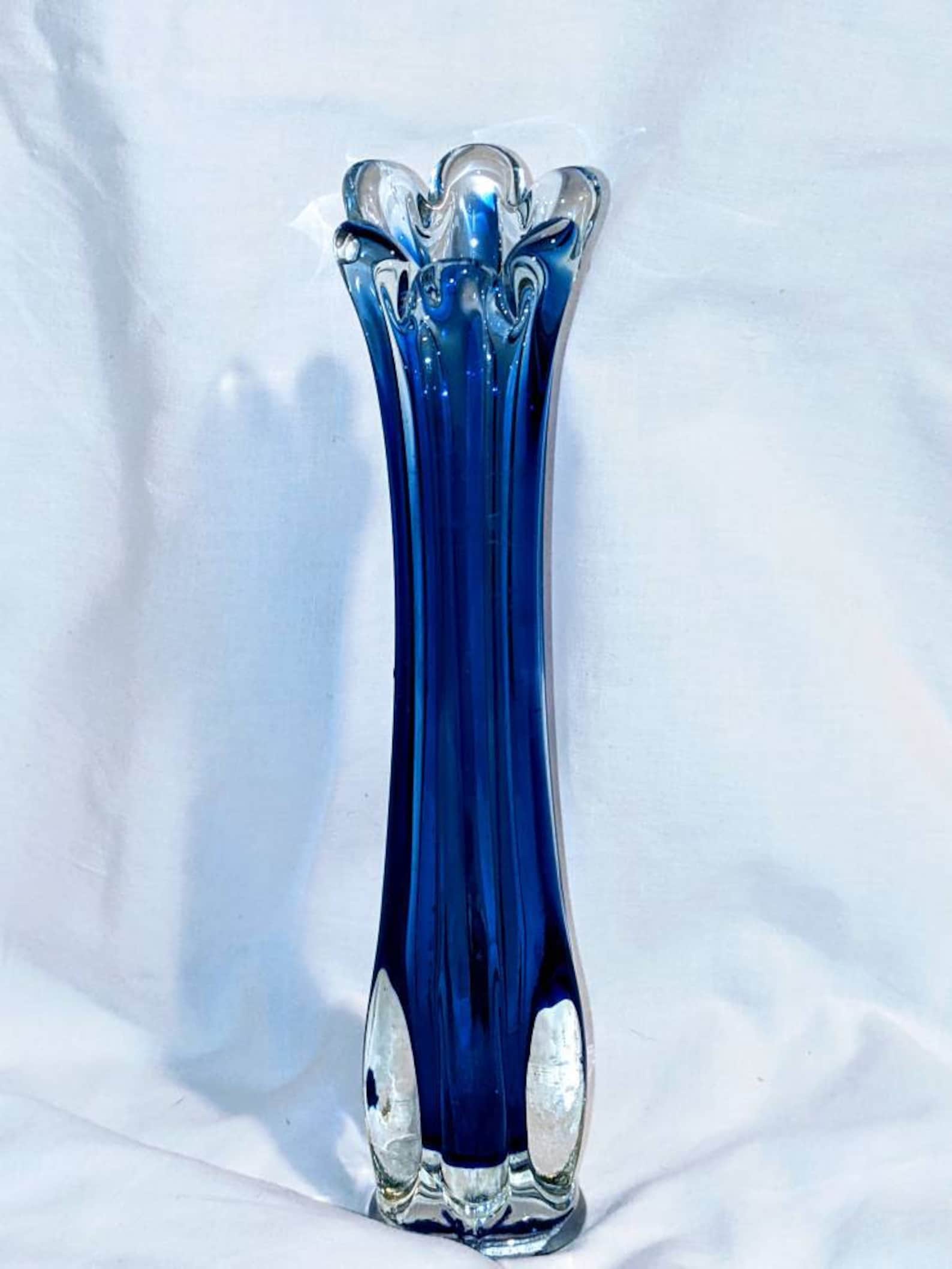 Vintage Ruffled Blue Glass Vase Etsy