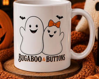 Taza Bugaboo and Buttons, Taza de café con diseño de fantasma adorable, Taza de Halloween, Regalo de Halloween, Taza de café acogedora y espeluznante, Taza de fantasma otoñal