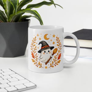 Witch Ghost Mug, Cozy Halloween Coffee Cup, Cute Spooky Ghost with Broom, Fall Aesthetic Mug