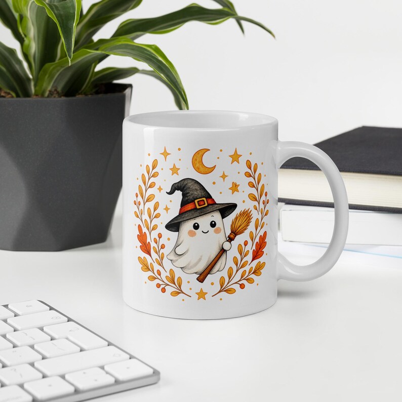 Witch Ghost Mug, Cozy Halloween Coffee Cup, Cute Spooky Ghost with Broom, Fall Aesthetic Mug