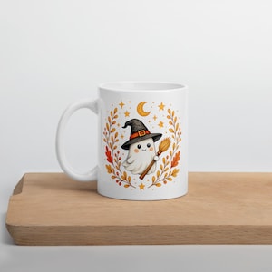 Witch Ghost Mug, Cozy Halloween Coffee Cup, Cute Spooky Ghost with Broom, Fall Aesthetic Mug