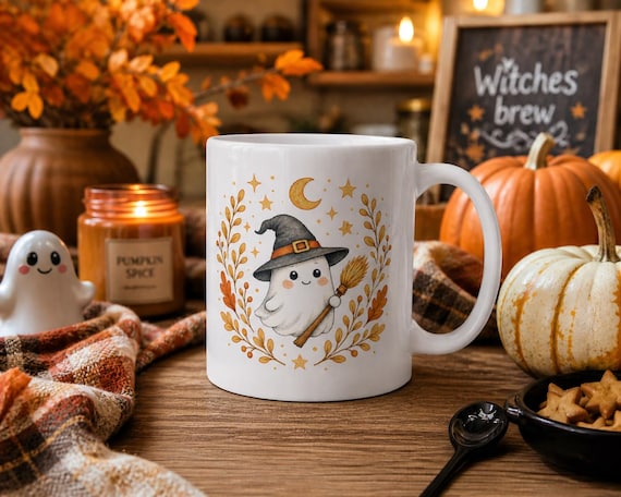 Witch Ghost Mug, Cozy Halloween Coffee Cup, Cute Spooky Ghost with Broom, Fall Aesthetic Mug