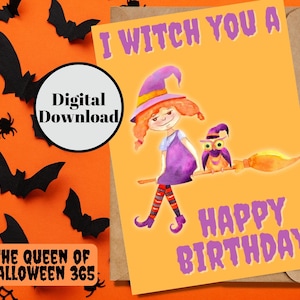 Carte d'anniversaire Halloween sorcière imprimable, salutations Spooky Witchy B-Day, cadeaux téléchargeables instantanés pour les amateurs d'Halloween, Pastel Goth mignon