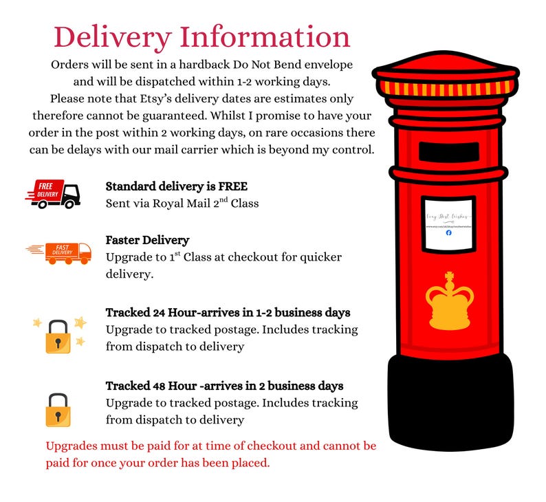 May include: A bright red British-style pillar box illustration featuring a black base, a yellow crown emblem, and a white rectangular sign. The image includes text detailing delivery information, shipping options, and postal service upgrades.