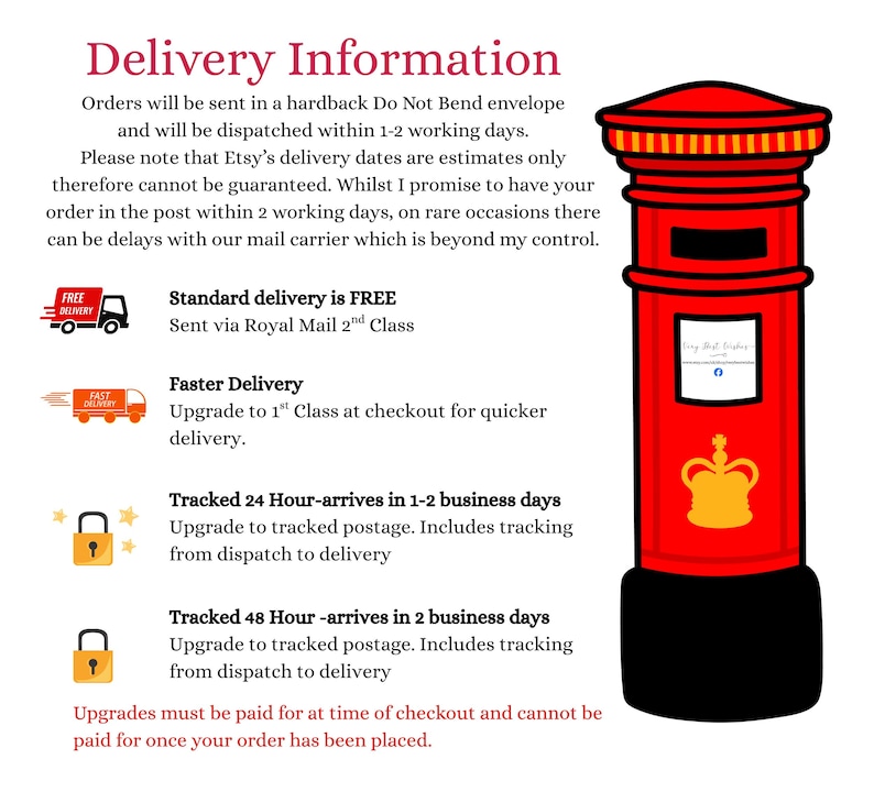Op de afbeelding: Een illustratie van een felrode Britse brievenbus met een zwarte voet, een geel kroonembleem en een wit rechthoekig bordje. De afbeelding bevat tekst met details over bezorginformatie en verschillende verzendopties voor poststukken.