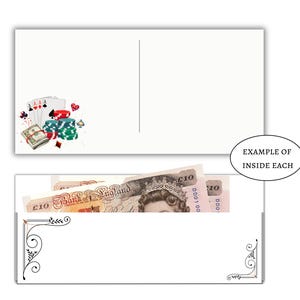 Op de afbeelding: Een witte wenskaart met een afbeelding van speelkaarten, pokerchips en een stapel contant geld aan de linkerkant. Daaronder een witte envelop met zwarte decoratieve hoekversieringen die een biljet van tien pond sterling bevat.