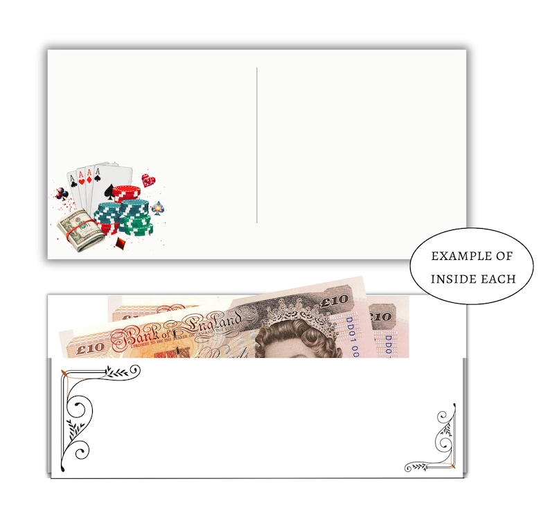 Op de afbeelding: Een witte wenskaart met een afbeelding van speelkaarten, pokerchips en een stapel contant geld aan de linkerkant. Daaronder een witte envelop met zwarte decoratieve hoekversieringen die een biljet van tien pond sterling bevat.