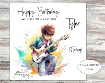 Birthday Card for Guitar player personalised for grandson, nephew, son, brother, godson cousin friend guitar playing boy, guitar player