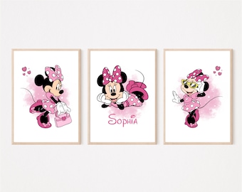 Set of 3 personalised Minnie Mouse, Disney Minnie Mouse bedroom prints nursery prints for girls A4 or A5