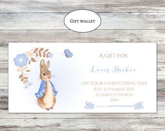 Christening Day -Baptism Day-Naming Day personalised Money Wallet-Gift Wallet-Christening Day gift, Rabbit boy or girl blue or pink