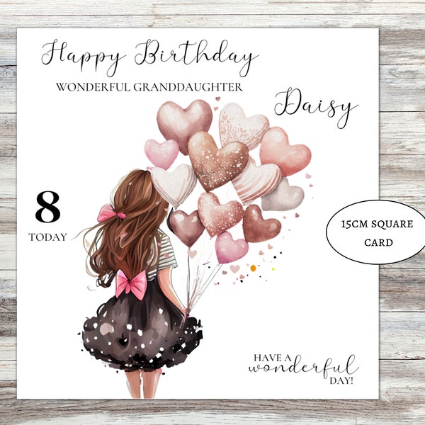 Party Girl with balloons Birthday card for granddaughter, niece, goddaughter, daughter, great granddaughter 8th 9th birthday card for girls
