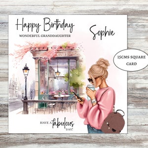 Personalised birthday card for daughter, niece, sister, friend, granddaughter shopping cafe girl 16th 18th 21st 30th 40th