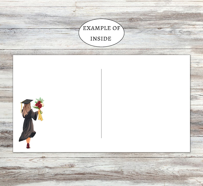 May include: A white rectangular greeting card featuring an illustration of a graduate in a black gown and cap, holding a bouquet of red and white flowers with a yellow ribbon. The card has a vertical black line in the center and text reading EXAMPLE OF INSIDE.