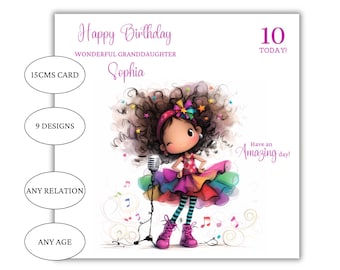 Birthday Card for singer pop star karaoke rock star personalised  granddaughter, niece, daughter, sister, goddaughter friend girl singing