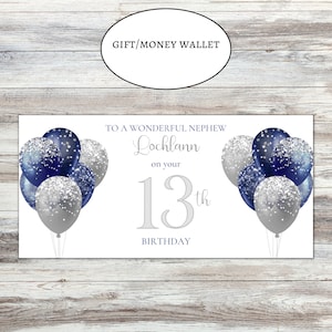 Personalised gift wallet/money wallet for grandson, nephew, son 13th 16th 18th 21st 30th 40th 50th 60th blue and silver Birthday Balloons