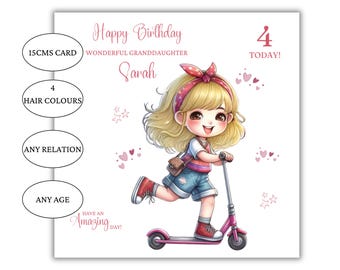 Birthday card for granddaughter, niece, goddaughter, daughter, great granddaughter 5th 6th 7th girl on scooter birthday card for girls
