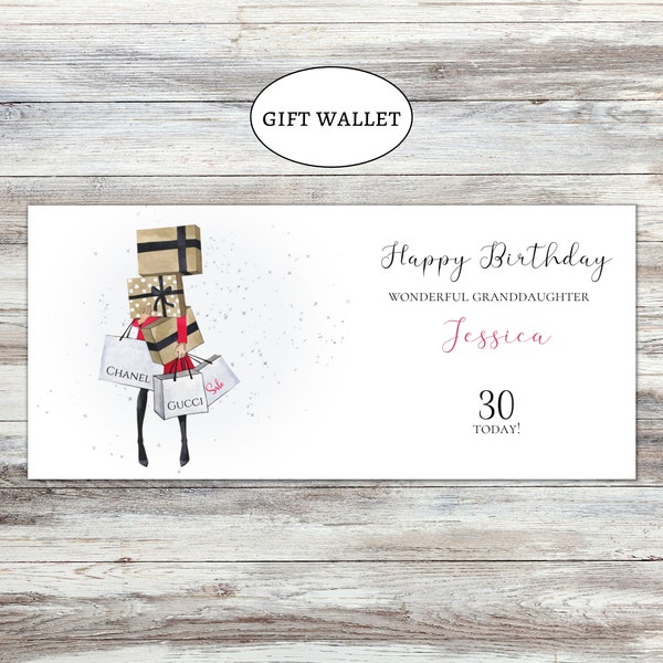 Personalised birthday gift wallet money-wallet-gift card greeting card shopping-teenager-18th-21st-30th  for granddaughter niece daughter