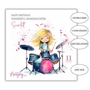 Birthday Card for girls drummer personalised granddaughter daughter niece great niece girl playing drums