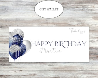 Personalised Mens and Womens Gift wallet money wallet Happy Birthday balloons 13th 16th 18th 21st 30th 40th 50th 60th 70th money envelope