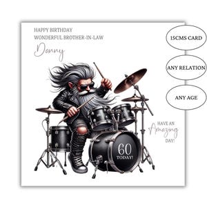 May include: A square 15cm birthday card featuring a long-haired, bearded drummer in a leather jacket and sunglasses playing a black drum set. Text reads: HAPPY BIRTHDAY WONDERFUL BROTHER-IN-LAW Danny, 60 TODAY!, and HAVE AN AMAZING DAY!