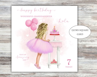 May include: A 15cm square birthday card featuring a blonde child in a pink tutu standing by a table with a cake and three pink balloons. The text reads Happy Birthday, Wonderful Granddaughter, Lola, Have an Amazing Day, and 7 Today.