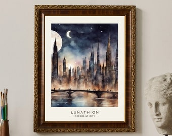 May include: A watercolor painting of a city skyline at night with a crescent moon and stars in the sky. The city is called "Lunathion, Crescent City".