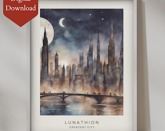May include: A watercolor painting of a city skyline with a crescent moon and a bridge in the foreground. The city is depicted in shades of gray and brown, with a few lights twinkling in the windows. The text "LUNATHION CRESCENT CITY" is printed below the image.
