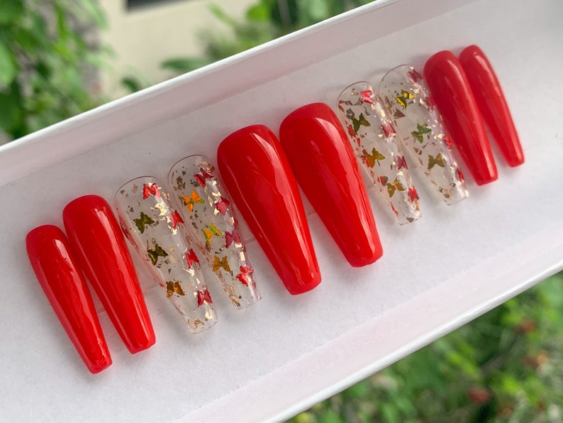 Red and Gold Butterflies Press on Nails Choose Your Shape - Etsy